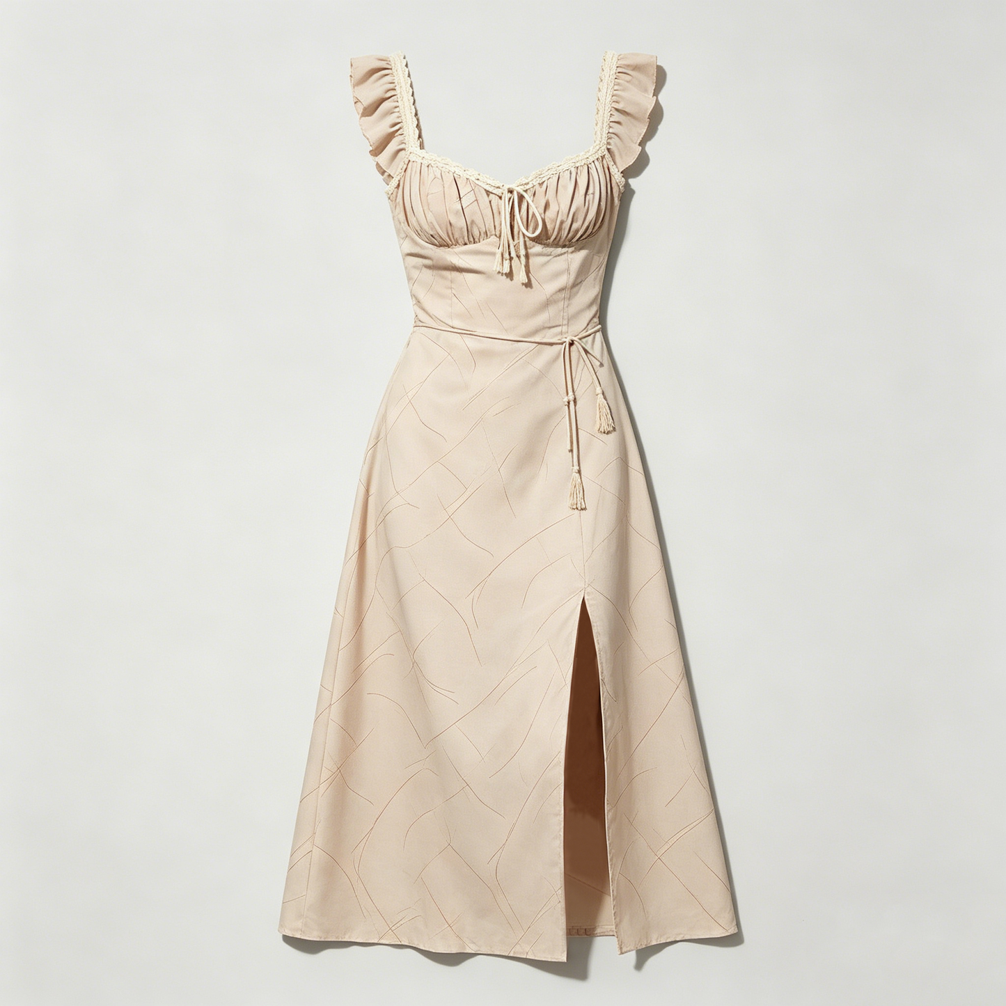 Beige Ruffle Strap Slit Dress