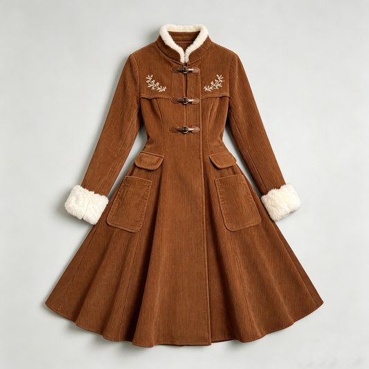 Caramel Fur-Collar Corduroy Coat Dress